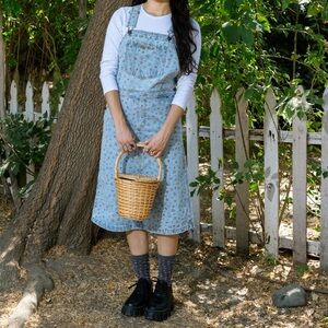 TEDDY FRESH Strawberry Denim Overall Dress Women's Size Small Blue Cotton Pocket